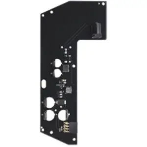 Black, irregularly shaped PCB/module with four large cylindrical capacitors, several small components, and a bottom edge connector.