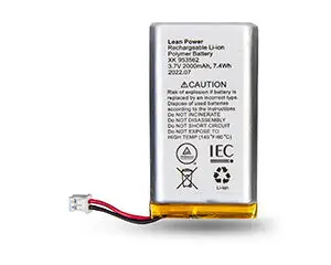Rechargeable lithium-ion polymer battery with red and black leads and a white connector.