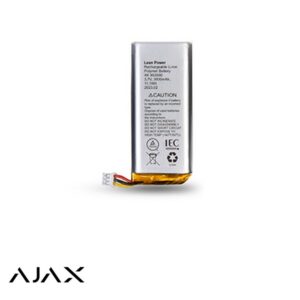 Rechargeable lithium-polymer battery with a small white connector and multicolored wires; a warning label on the battery and the Ajax logo in the lower-left corner.