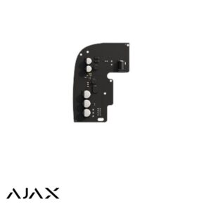 Black curved circuit board module with capacitors and connectors on a white background; AJAX logo in the bottom left corner.