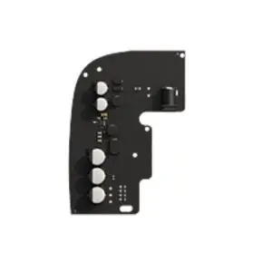 Small black curved PCB with several round capacitors and a few connectors visible on the surface (electronic circuit board).