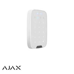 White Ajax security keypad with a numeric keypad and status lights, used to arm or disarm a security system (wall-mounted)