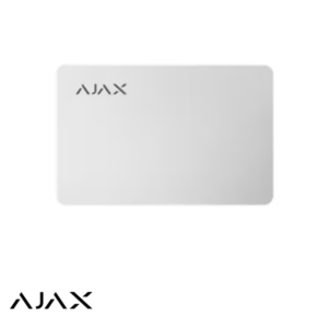 A gray, rounded rectangle card with a subtle gradient and a small AJAX logo in the top-left corner; the large AJAX wordmark appears at the bottom-left, outside the card.