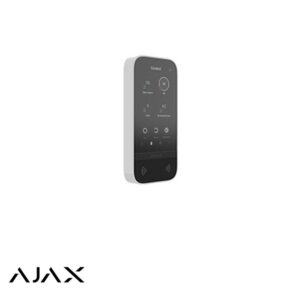 Wall-mounted AJAX security control panel with a black front and gray side, shown against a white background.