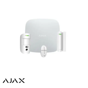 AJAX home security kit: central hub with a door/window sensor, motion sensor, and remote key fob, all in white.