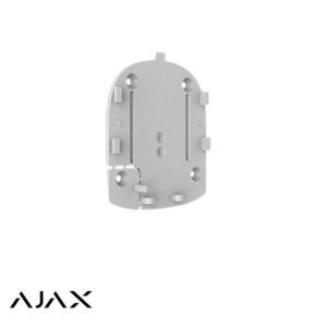 Front view of a white metal mounting plate with multiple screw holes, alignment tabs, and small brackets; AJAX logo in the lower left corner.