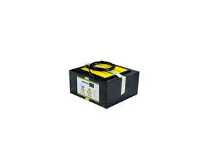 A black rectangular battery pack or electronic device case with yellow straps and a warning label on the side, set against a white background.