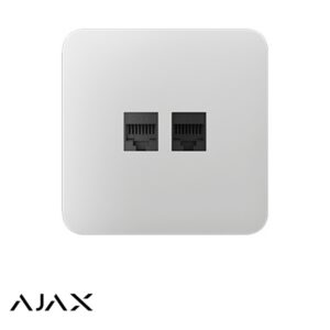 White wall plate with two black RJ45 Ethernet ports side by side, and the AJAX logo in the lower-left corner.