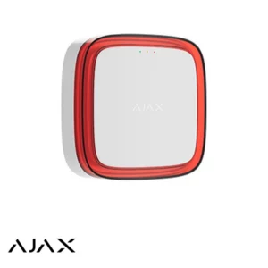 Ajax-beveiligingshub met een rood buitenframe en een wit voorpaneel