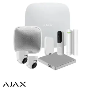 AJAX home security kit with hub, doorbell camera, keypad, and door/window sensors.